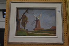 John Brown, rural landscape with windmill, oil on board.