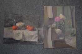 George Weissbort, still life of fruit and a covered bowl on a table, oil on board, unframed and
