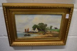 Gerard Roux, coastal waters with buildings and sailing ships, oil on panel.