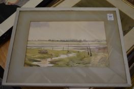 Estuary scene with dinghy, watercolour and another of a coastal landscape.