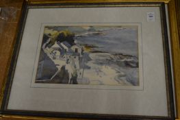 Coastal landscape with figures by cottages, watercolour and two other paintings.