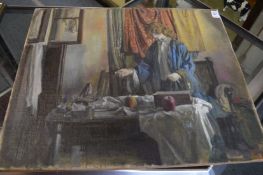 George Weissbort, a young lady wearing a blue dressing gown next to a table with a bird and other