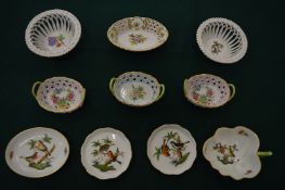 A group of ten Herend trinket trays and miniature baskets, various patterns.