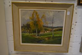 Marin Genoud, landscape with silver birch trees, buildings beyond, oil on board.