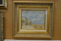 Stefani, a view in Paris with figures walking passed flower sellers, oil on board, signed.