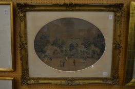 An 18th century scene with figures in a landscape with buildings beyond, oval in a decorative gilt