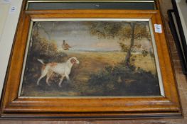 Pheasant shooting, oil on board in a maple frame together with a colour print.
