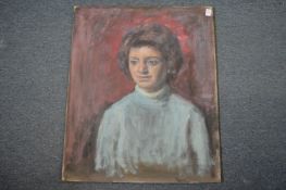 George Weissbort, portrait of a lady wearing a green jumper, oil on board, unframed.