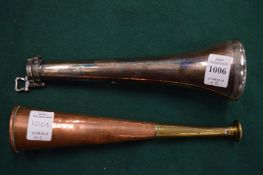 James Dixon & Sons, a hunting horn shaped plated spirit flask together with a copper and brass
