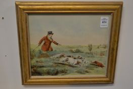 A dog chasing a rabbit, watercolour possibly over a print base.