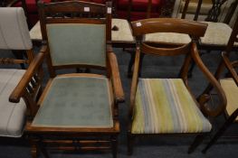 An oak open armchair and a Regency armchair.