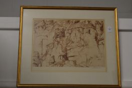 William Russell Flint, photo lithograph depicting buildings on a hillside, signed in pencil.