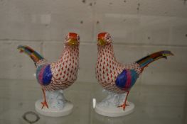 A pair of Herend pheasants in red fishnet pattern, 32cm long.