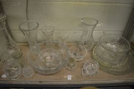 A quantity of glassware to include bowls, decanters, vases etc.