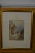 F J Lott, classical building with mullioned windows, figures to the exterior, watercolour, signed