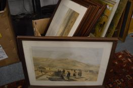 A set of six framed and glazed prints relating to military exploits.