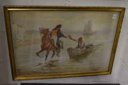 Watercolour depicting a man on horseback collecting a package from a man in a sailing dinghy.