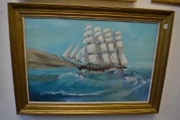 R Fowler, seascape with a four masted schooner, oil on canvas.