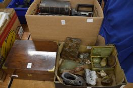 Walnut writing slope, decorative stones and miscellaneous collectables.