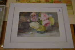 A still life of flowers in a vase, colour print.