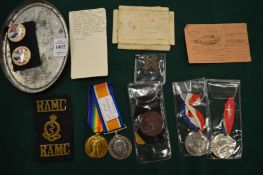 Two WWI medals presented to Private 135 P Hathaway RAMC together with other medals etc.