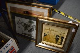 Various paintings, cameras, tools, lamps etc and a wicker basket.