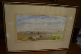 Rural landscape with figures, horse and cart, church beyond, watercolour, signed.