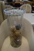 Large glass vase or stick stand containing decorative shells etc together with a wicker laundry