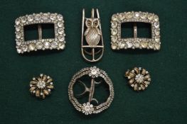 Marcasite buckles, pair of similar ear clips and an owl book marker.