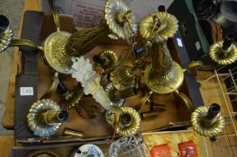 A pair of five branch ceiling lights and pair of matching wall lights.