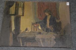 George Weissbort, interior scene of a lady feeding a bird, oil on board, unframed.