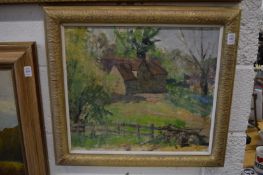 Attributed to Pierre Montezin, house in a landscape with fence in the foreground, oil on board.