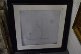 A print depicting a diagram of a sailing ship.
