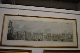 Panoramic city scape with river and a bridge, colour print.