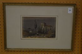 Continental School, female figures on a road to buildings beyond, watercolour.