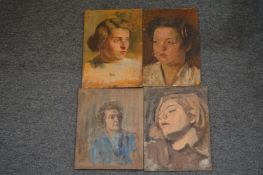 George Weissbort, small bust portrait of a young lady, oil on board, unframed and three others.