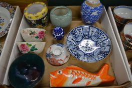 A collection of Oriental porcelain to include blue and white bowl, jar and cover, celadon bowl etc.
