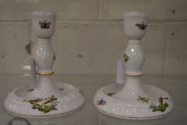 A pair of Herend Rothschild Bird pattern candlesticks, 150cm high.