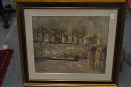 River scene with buildings, fishing boat and a bridge, oil on board, signed.