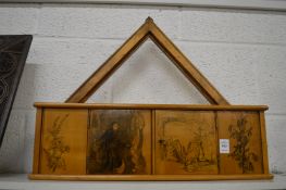 A good satin wood hanging small cabinet, pen work decoration with allegorical tales.