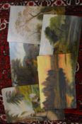 A small group of oil paintings, mostly unframed.
