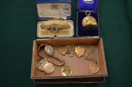 Ladies 9ct gold cased wristwatch, a yellow metal pocket watch, cased and other items.