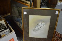 A group of decorative paintings and prints.