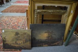 Two unframed oil paintings and two picture frames.