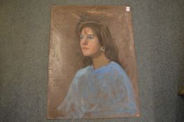 George Weissbort, portrait of a young lady wearing a blue top, oil on board, unframed.