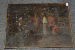 George Weissbort, interior scene with figures, oil on board, unframed.