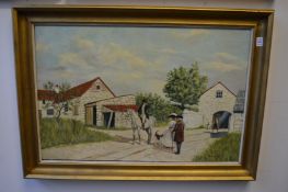 Michael Wood, rural scene with a man on a grey horse, figures and houses, oil on canvas.