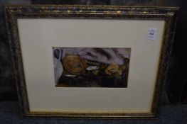 George Weissbort, still life including a dish and other items, watercolour, framed and glazed.