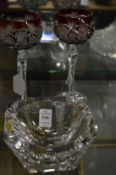 An Orrefors glass dish and a pair of Bohemian hock glasses.