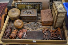 A collection of wooden items etc to include carved wood hotei.